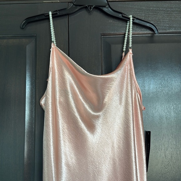 BEBE NWT HAMMERED SATIN COWL NECK PEARL STRAP MAXI DRESS pearl straps Size Large - Picture 3 of 11